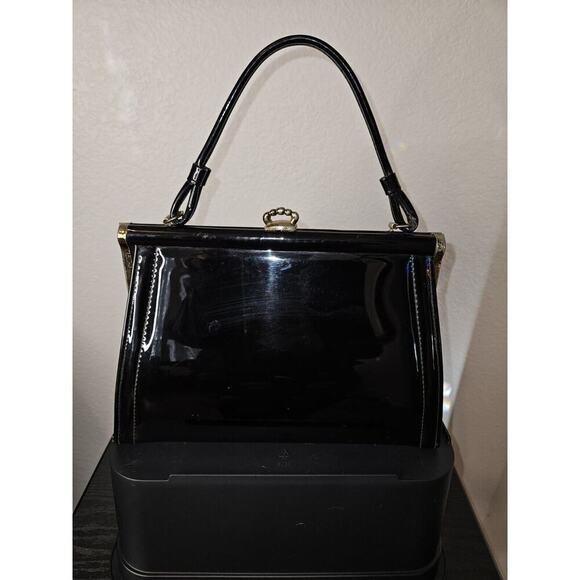 Vintage 1950s 1960's Black Patent Leather Framed Purse Short handle Classy U.S.A - Picture 5 of 13